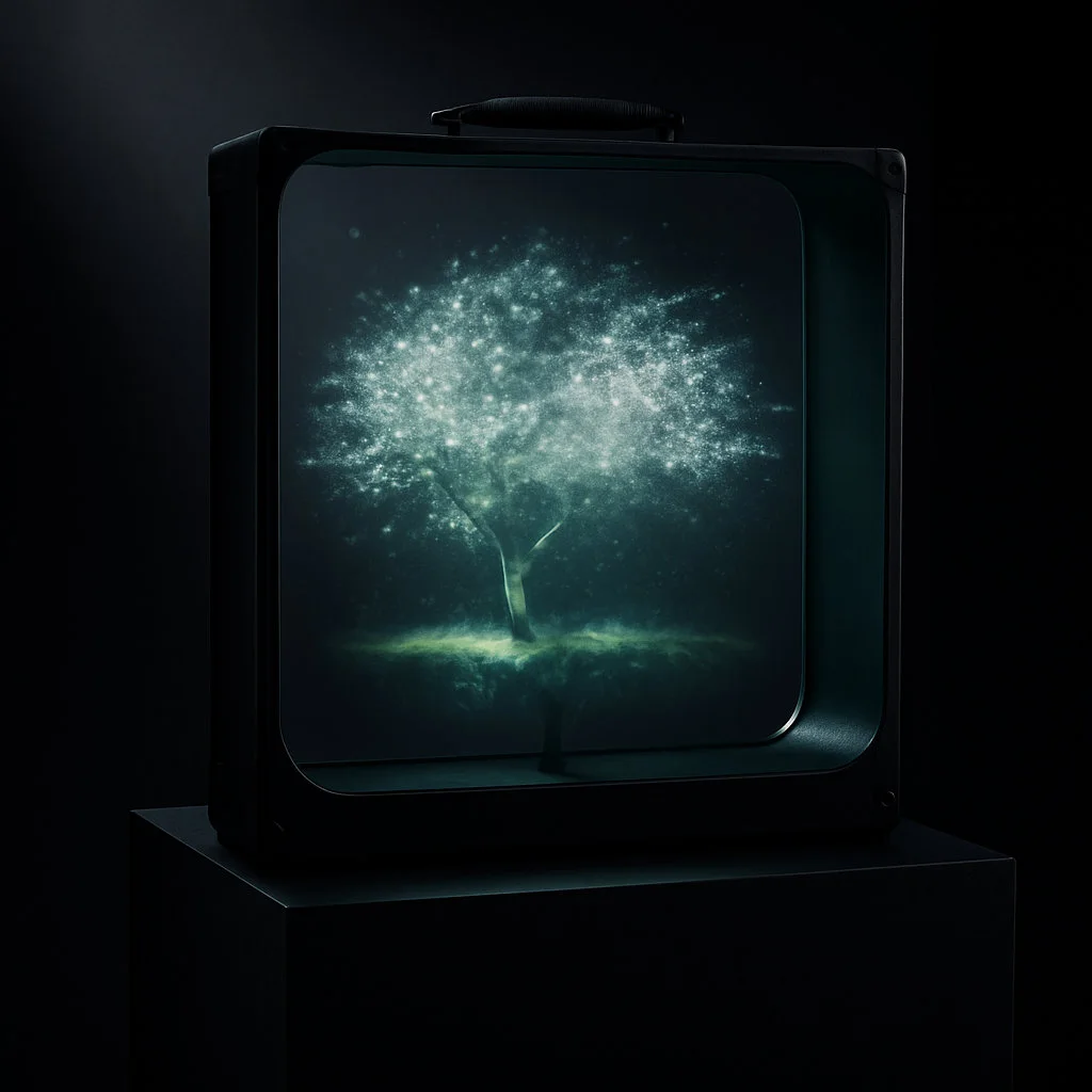 La valise posée sur un socle noir, cadre ouvert : un arbre fait de points lumineux flotte à l&rsquo;intérieur.