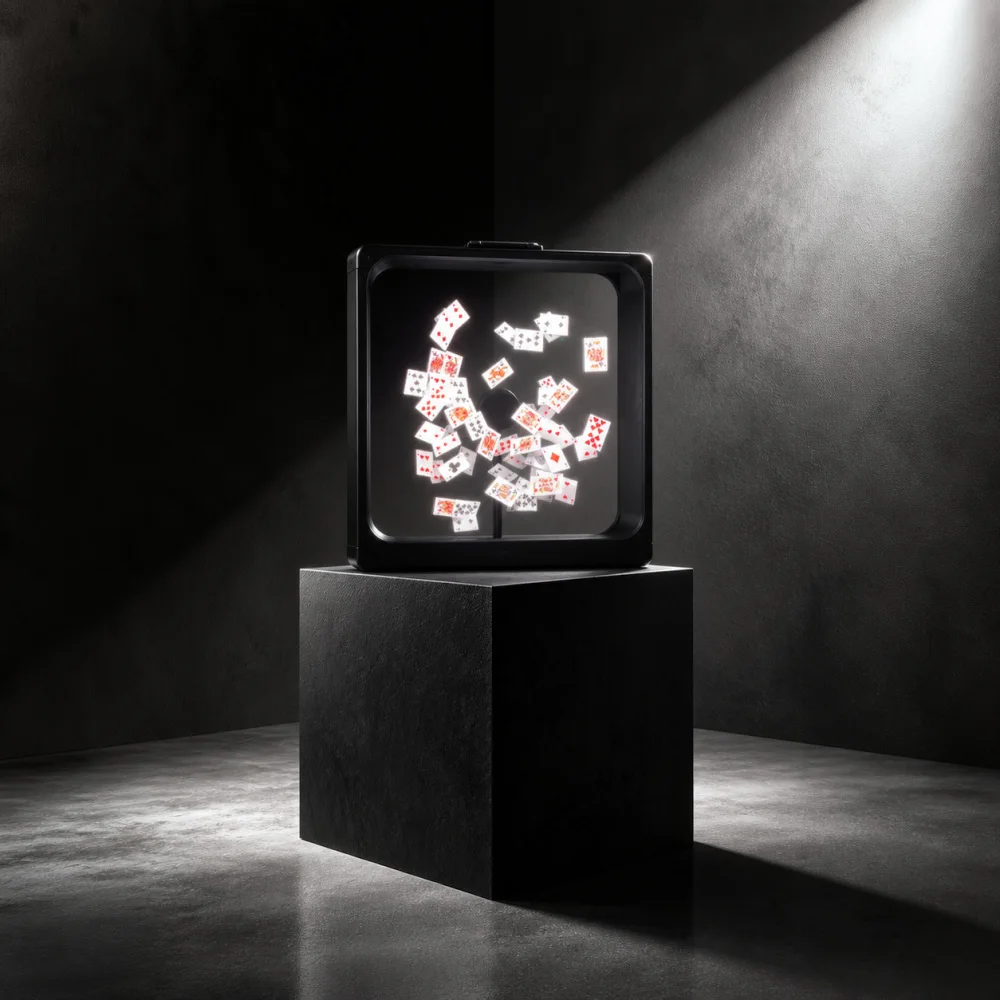 La valise posée sur un cube noir dans une pièce sombre : un jeu de cartes en hologramme s&rsquo;éparpille à l&rsquo;intérieur du cadre.
