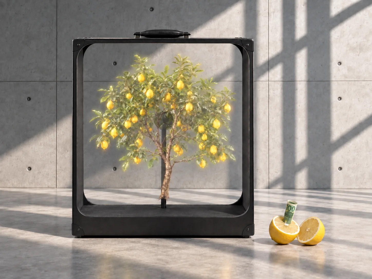 La valise posée sur un sol de béton, cadre ouvert : un citronnier en hologramme pousse à l&rsquo;intérieur, un billet de 100 euros roulé dans un citron coupé à côté.