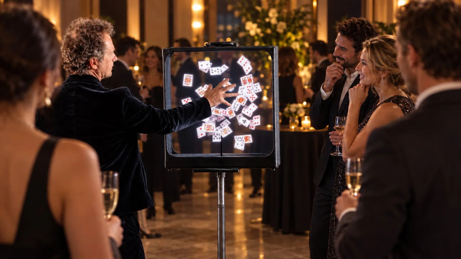 Cocktail dans une salle dorée : Romain Lalire, la main tendue vers la valise posée sur pied, fait jaillir une nuée de cartes à jouer dans le cadre, devant des invités une coupe à la main.