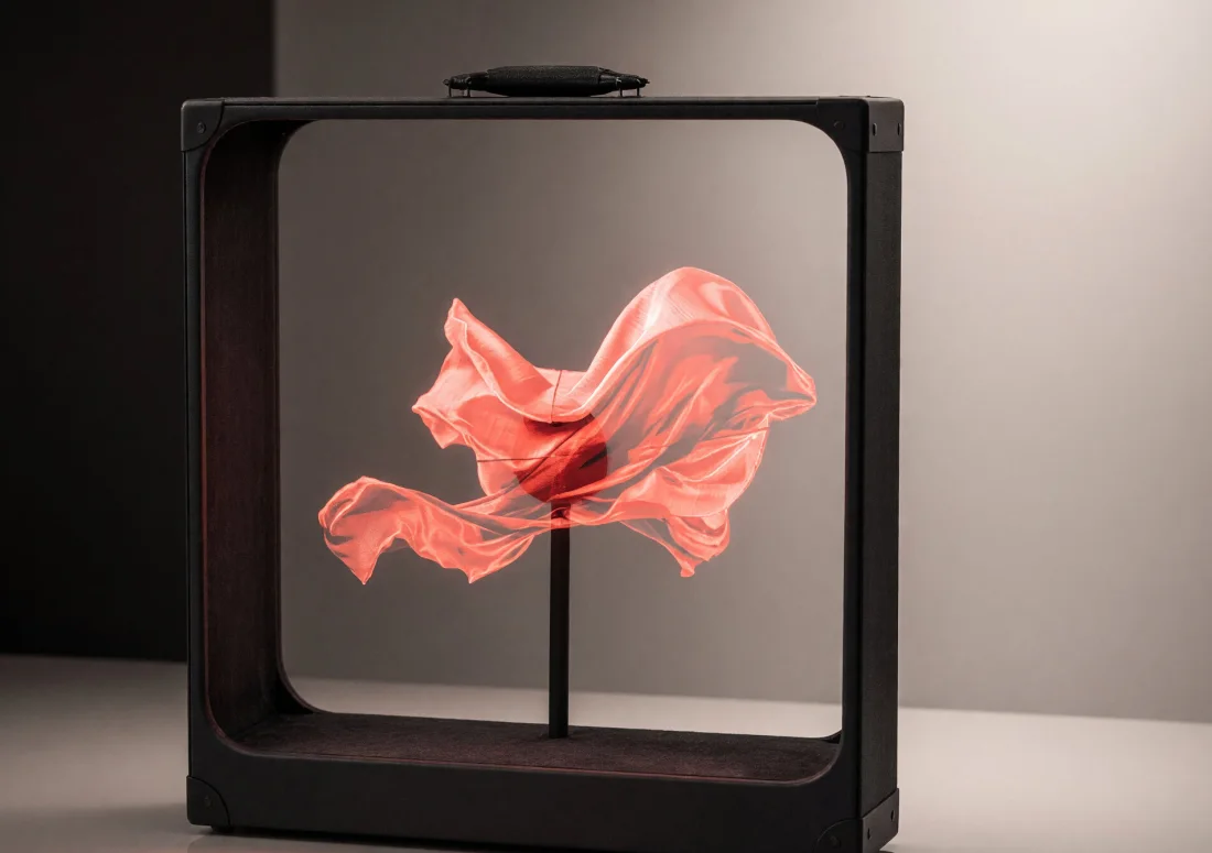 La valise en trois quarts sur un sol réfléchissant, cadre ouvert : un voile de soie rouge flotte à l&rsquo;intérieur.