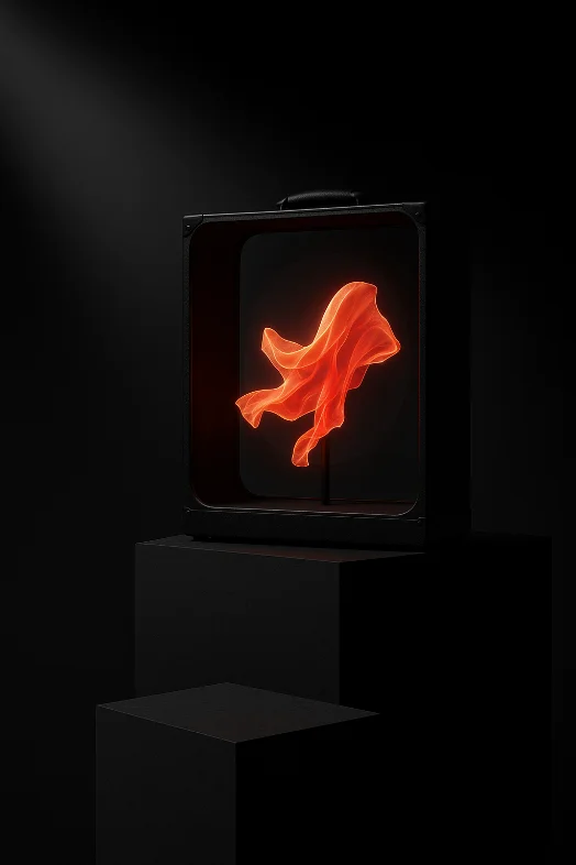 Holo Suitcase : une valise ouverte posée sur un socle noir, une forme orange en hologramme flotte à l'intérieur.